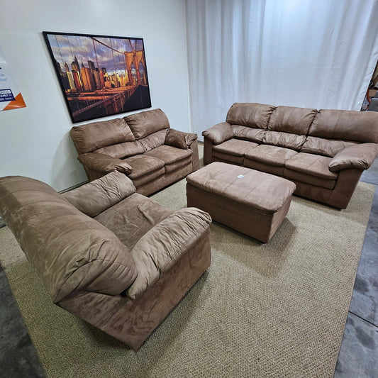 Beige Sofa, Loveseat, Chair, and Storage Ottoman - Comfy Classics Co